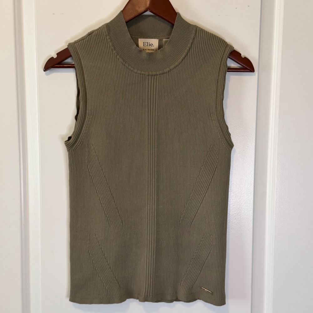 Elie Tahari Olive Ribbed Minimalist Elevated Basic Mock Neck Knit Tank Top L - Picture 2 of 6